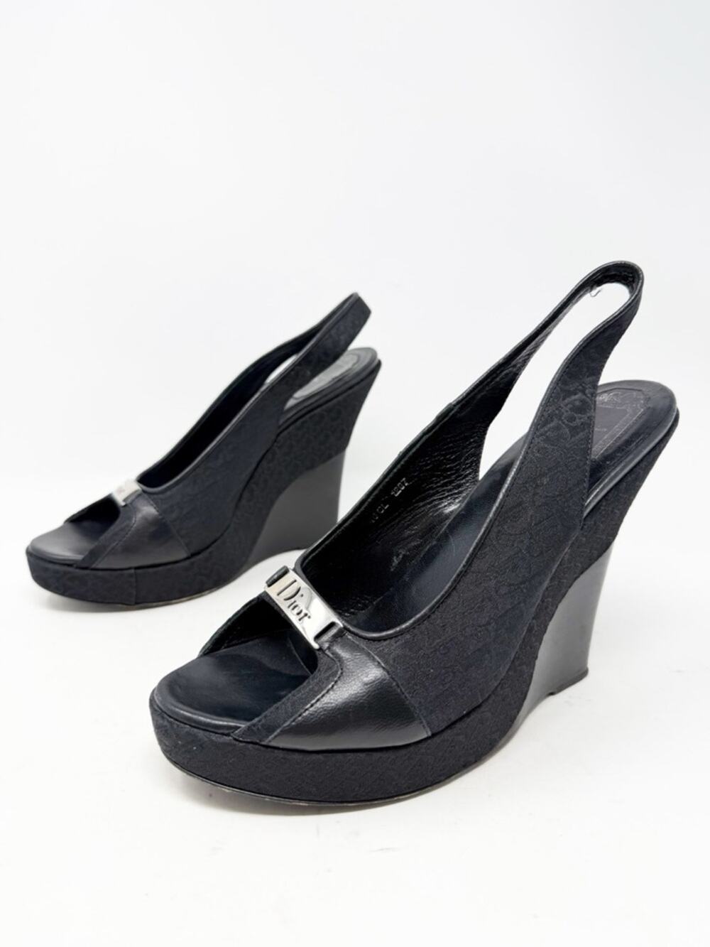 Christian Dior Monogram Slingback Wedge Sandals Black Womens Size EU 40